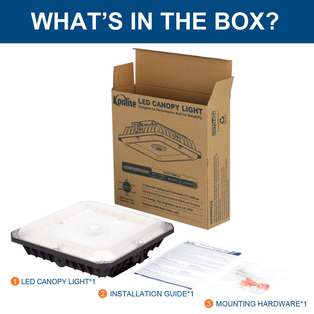 Labelled contents of the box for the Konlite CP7 Series LED Canopy Light Fixture