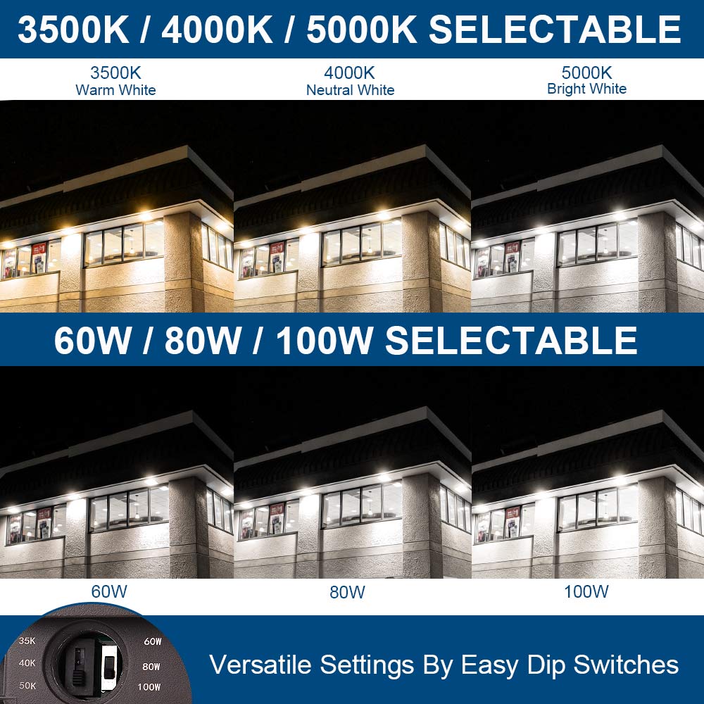 A visual showing the different CCT and brightness / wattage settings for the Konlite CP7 Series LED Canopy Light Fixture side by side.