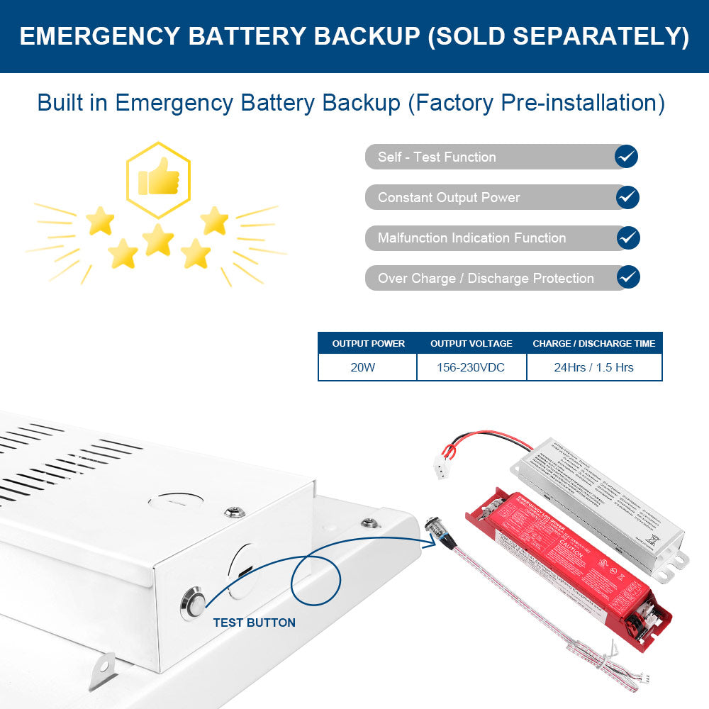 Emergency battery backup system with specifications and features on 105W LED Low Bay Light