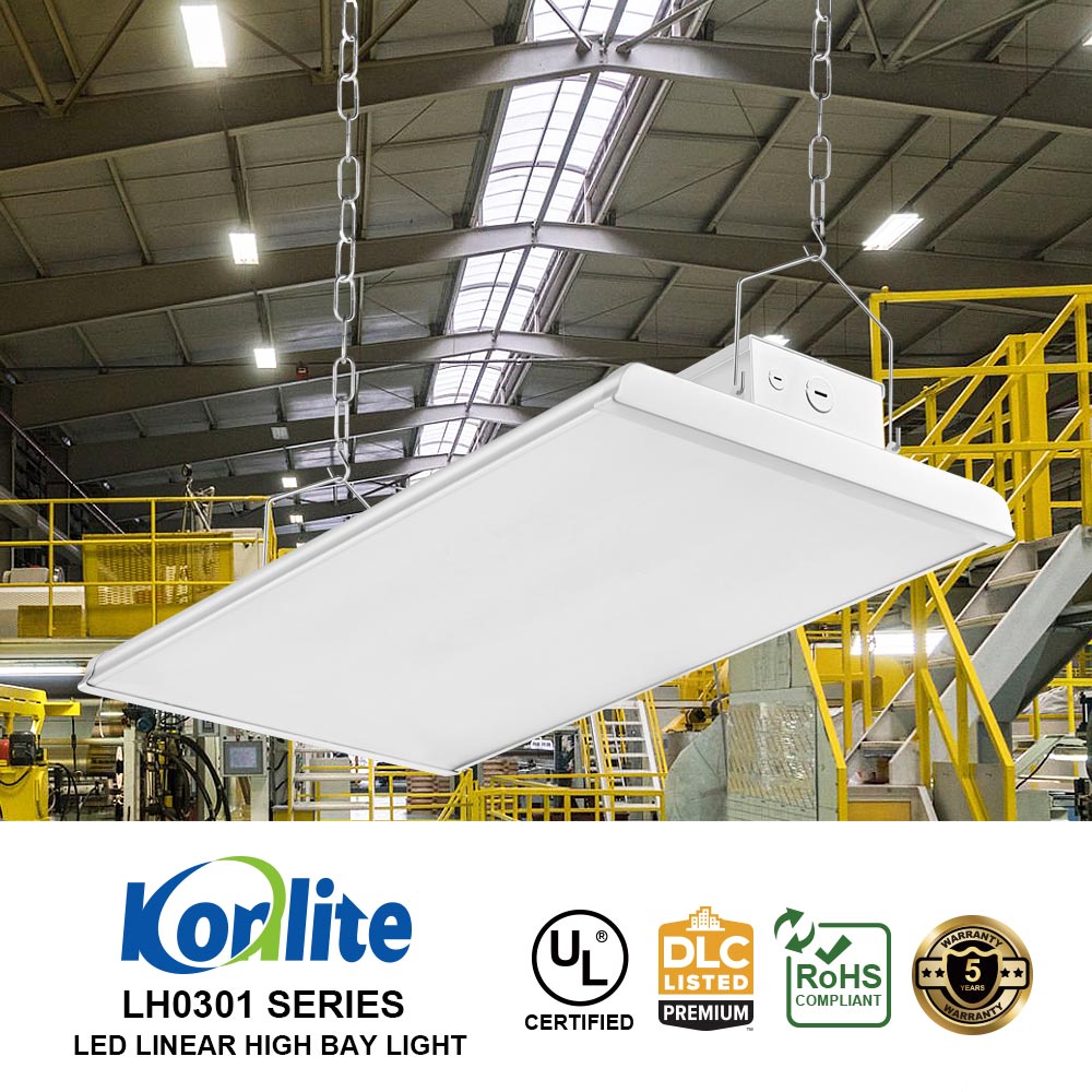 LED linear high bay light in a warehouse setting with Konlite branding and certification logos.