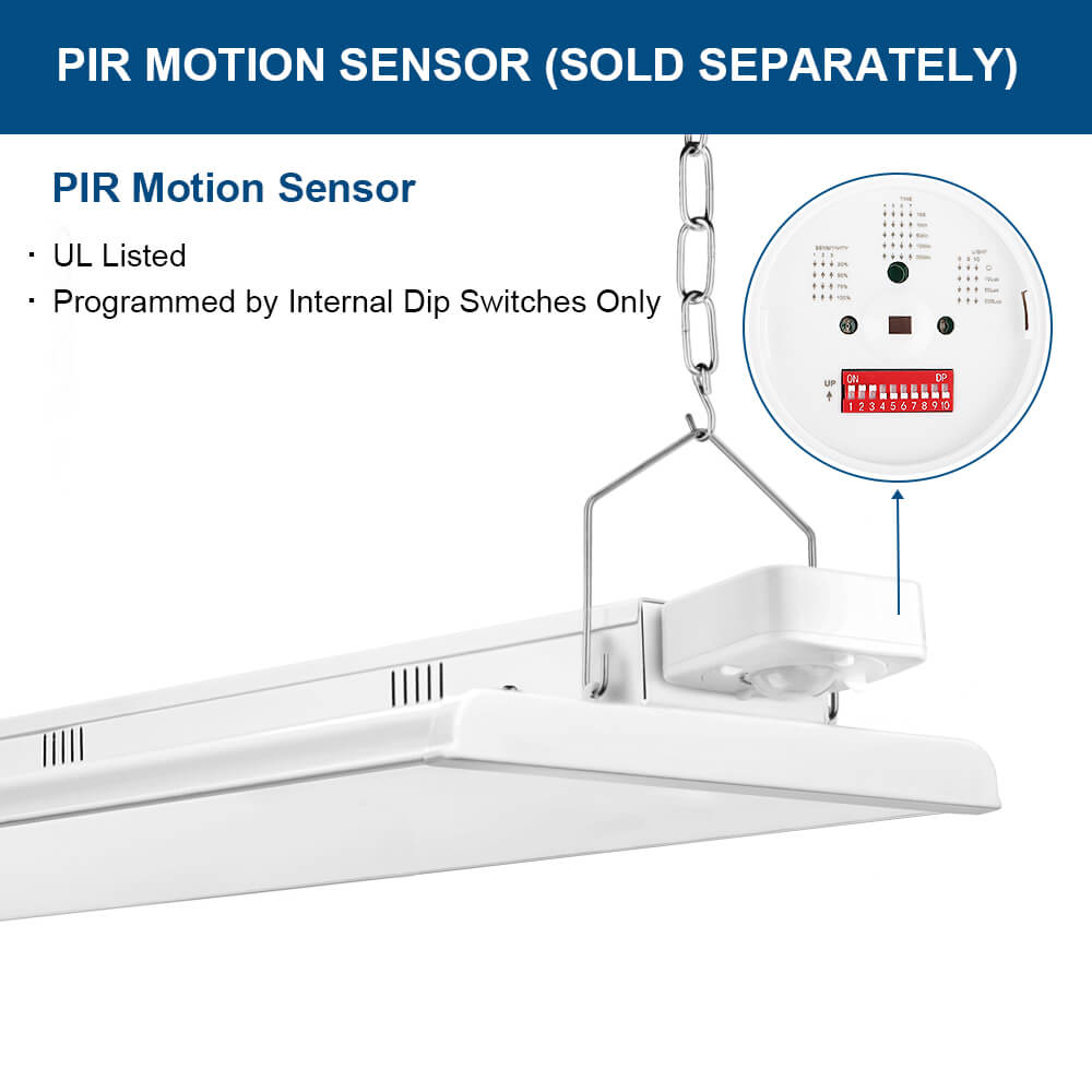 Konlite High Bay light fixture with PIR motion sensor attachment, UL listed, sold separately.