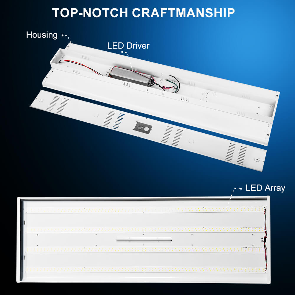 LED light fixture with labeled components on a blue background