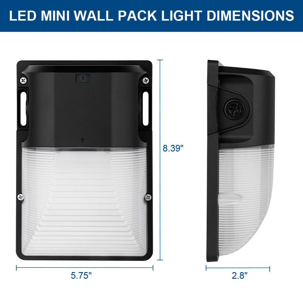 Front and side view of Konlite WM7 Mini LED Wall Pack Dark Bronze Fixture with labelled dimensions.