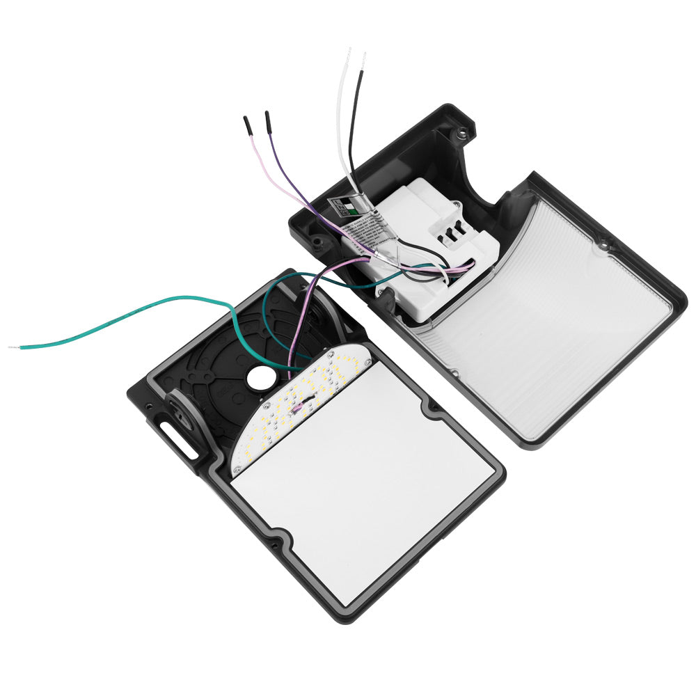 Inside view of Konlite WM7 Mini LED Wall Pack Black Fixture with wires and switches