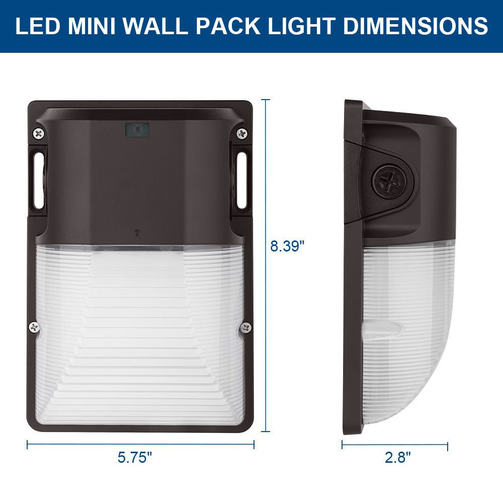 Front and side view of Konlite WM7 Mini LED Wall Pack Dark Bronze Fixture with labelled dimensions.