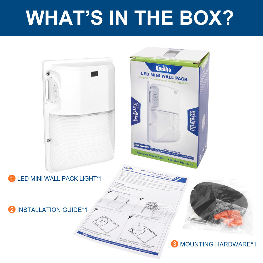 A picture of everything that comes in the box when you purchase Konlite WM7 Mini LED Wall Pack White Fixture