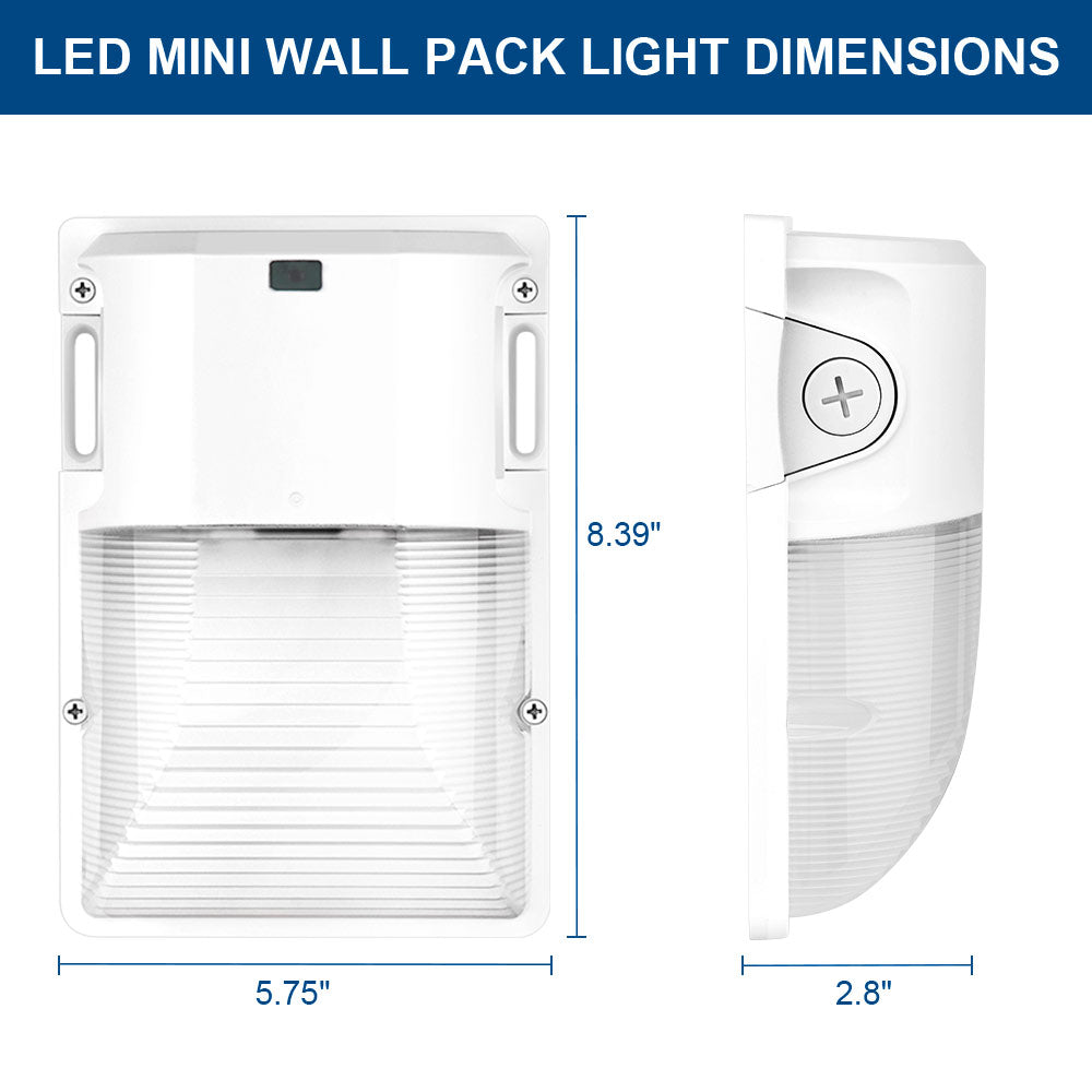 Front and side view of Konlite WM7 Mini LED Wall Pack White Fixture with labelled dimensions.