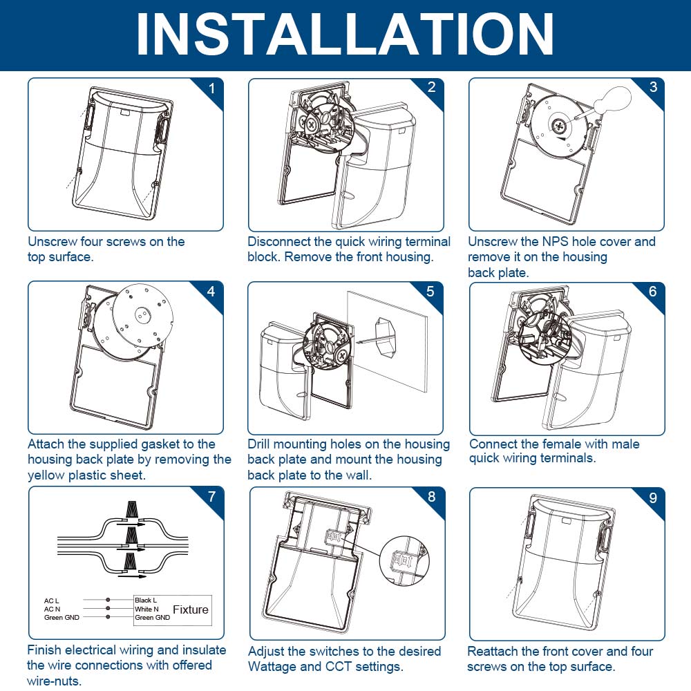 Step-by-step installation guide for Konlite WM7 Mini LED Wall Pack Fixture