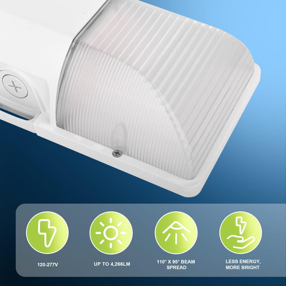 Close up of the lens for Konlite WM7 Mini LED Wall Pack White Fixture with information below