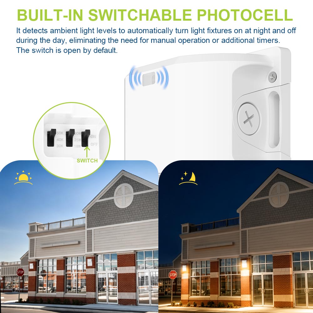 Built-in switchable photocell for Konlite WM7 Mini LED Wall Pack Fixture