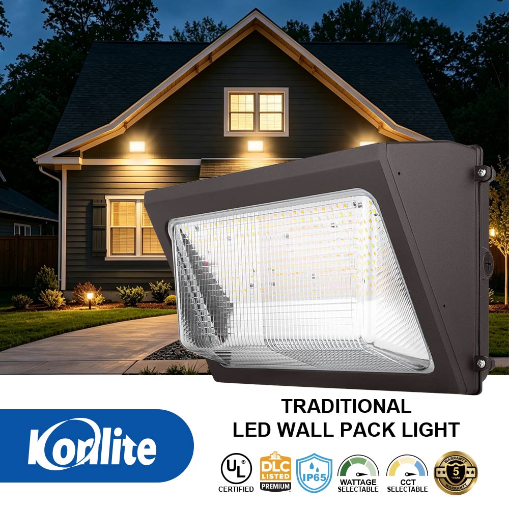 Konlite WP7 LED Wall Pack Light – 80W/60W/40W Selectable – Up to 11,390 Lumens – 3000K/4000K/5000K – 120-277V - Glass Lens - 250W Equal