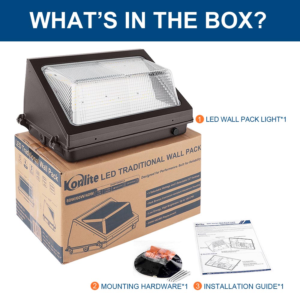 Konlite WP7 LED Wall Pack Light – 80W/60W/40W Selectable – Up to 11,390 Lumens – 3000K/4000K/5000K – 120-277V - Glass Lens - 250W Equal