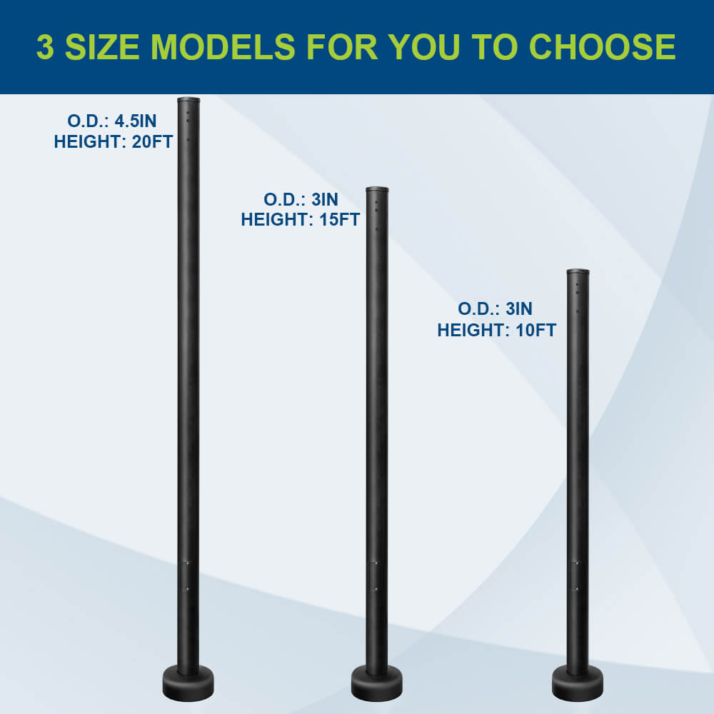 Three black light poles with labeled dimensions on a blue and white background