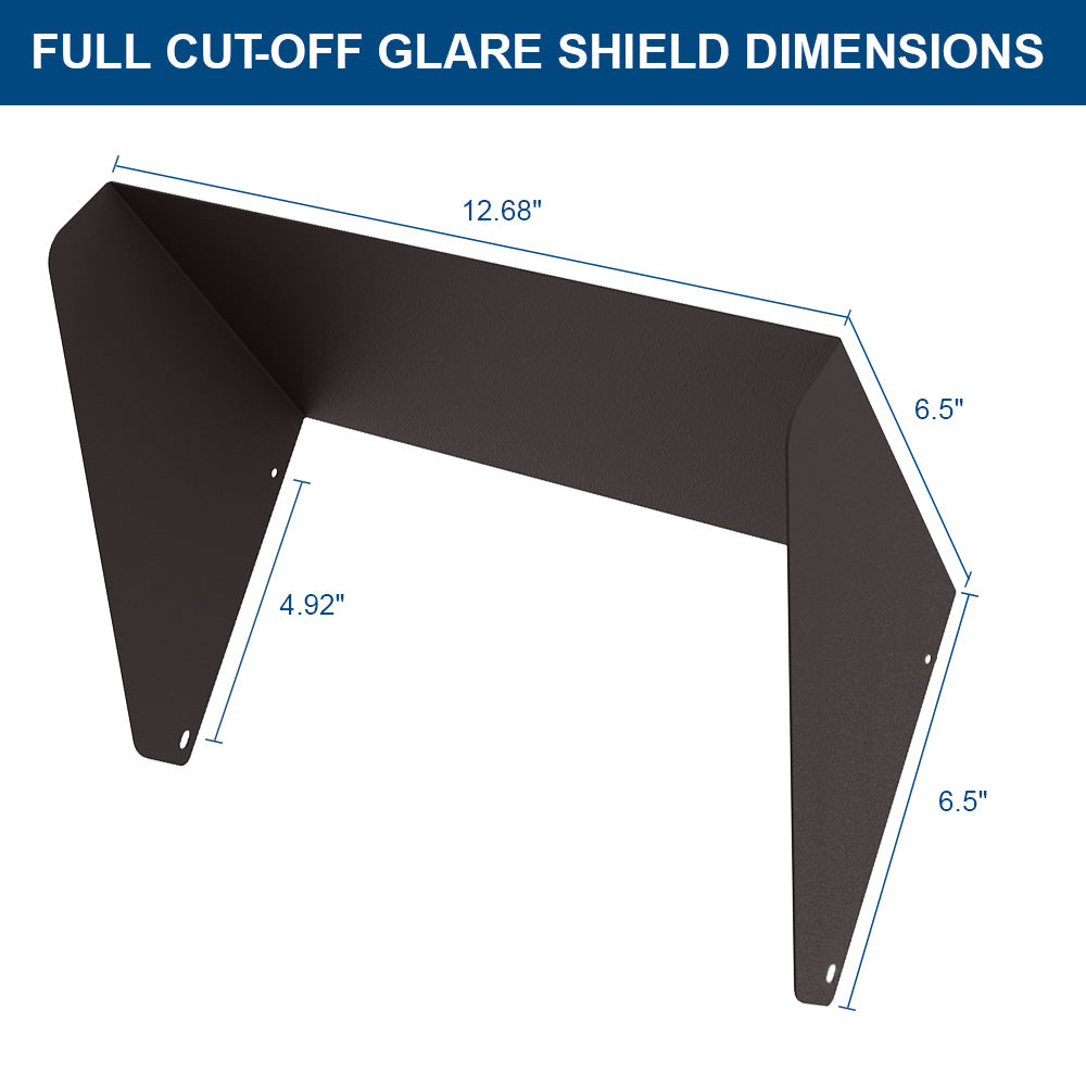 full cutoff shield for Konlite wp7 wall pack with labelled dimensions.