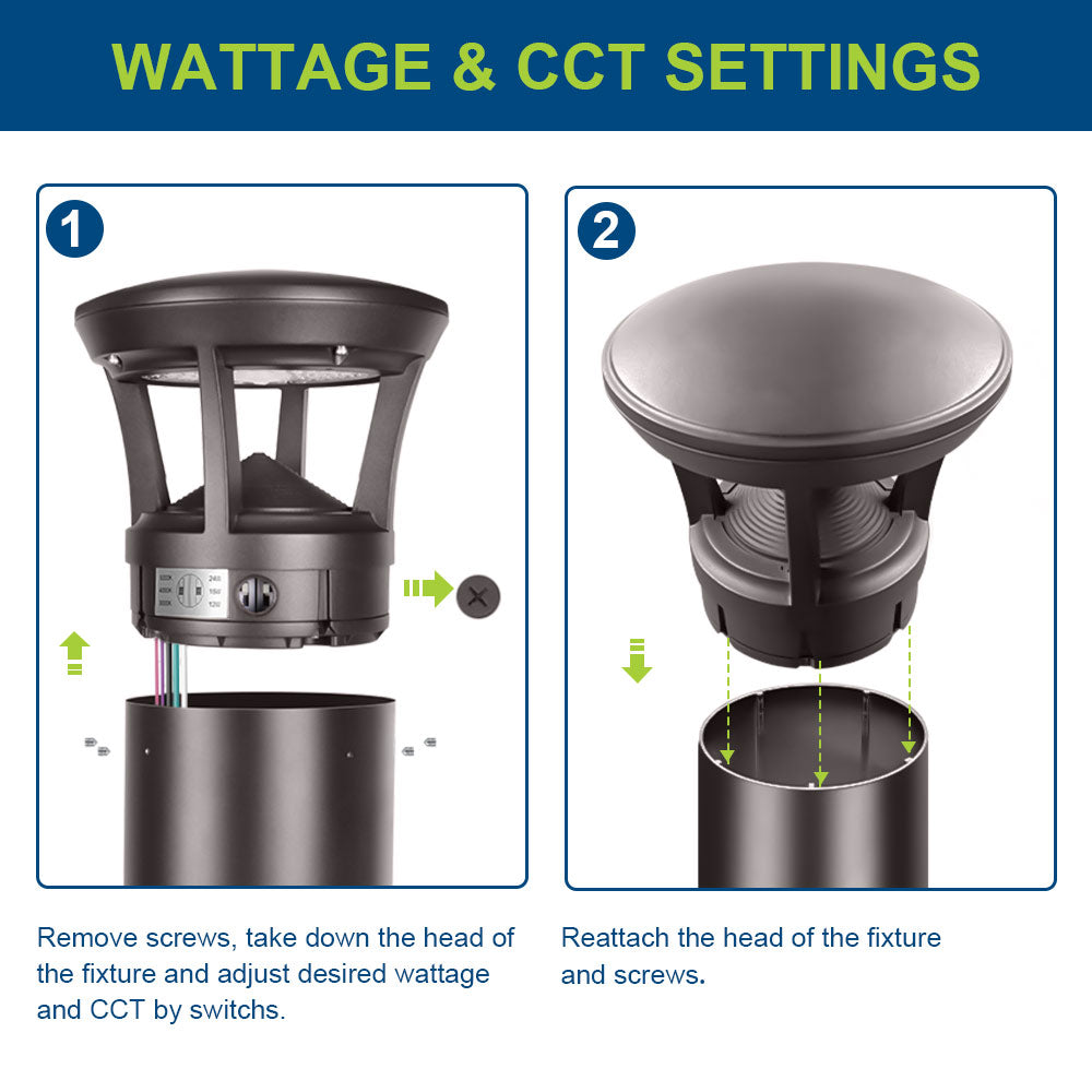 Instructions for adjusting wattage and CCT settings on a 4ft Konlite LED Bollard Light