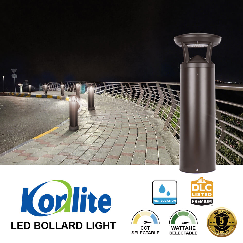 Koralite LED bollard light on a bridge at night with product features displayed.