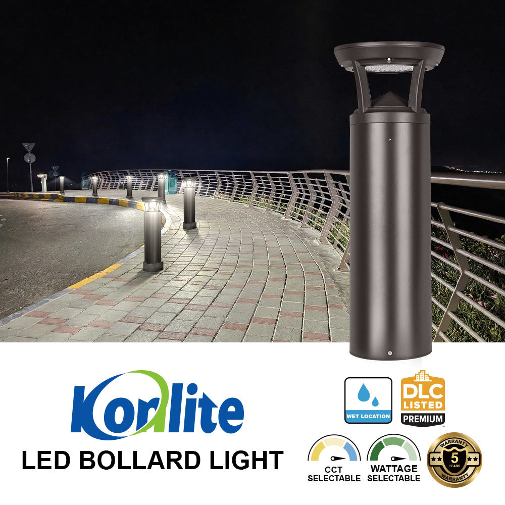 Koralite LED bollard light on a bridge at night with product features displayed.