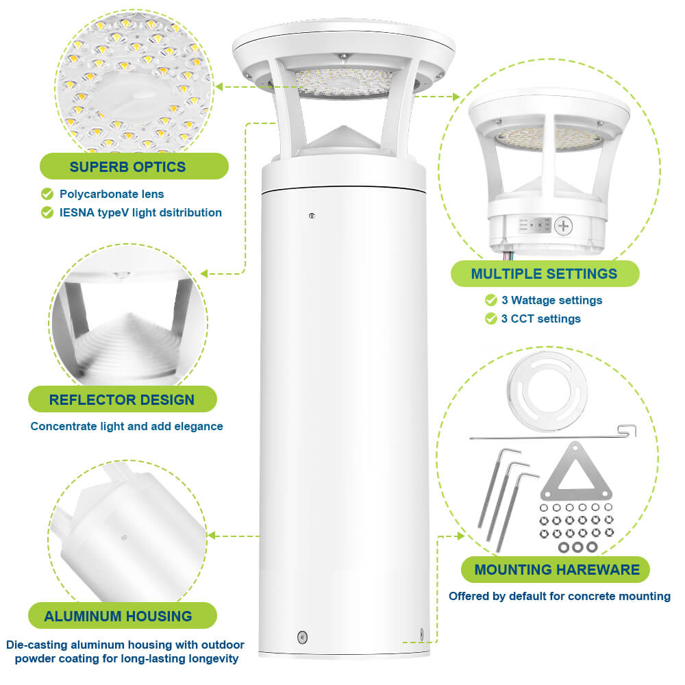 White LED Bollard light fixture with features highlighted on a white background