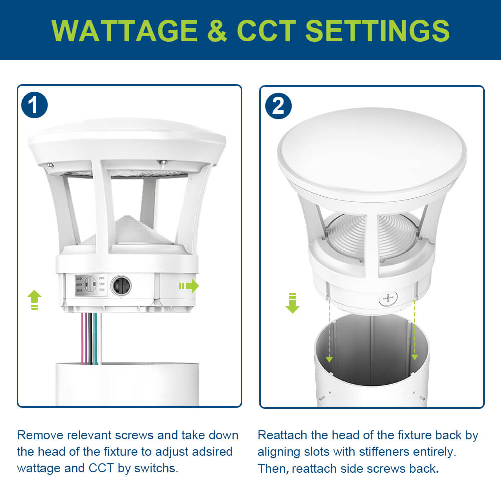 Instructions for adjusting wattage and CCT settings on a light fixture with labeled steps.