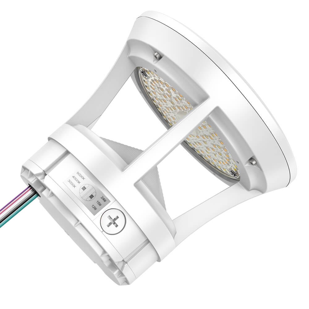 White LED Bollard light fixture with visible wiring on a white background