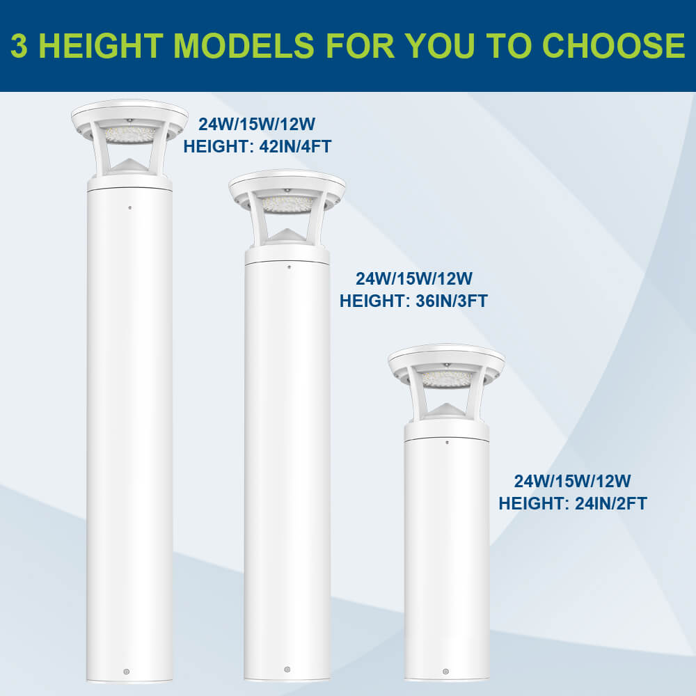 Three height models of a white outdoor LED Bollard light fixture with specifications on a blue and gray gradient background.