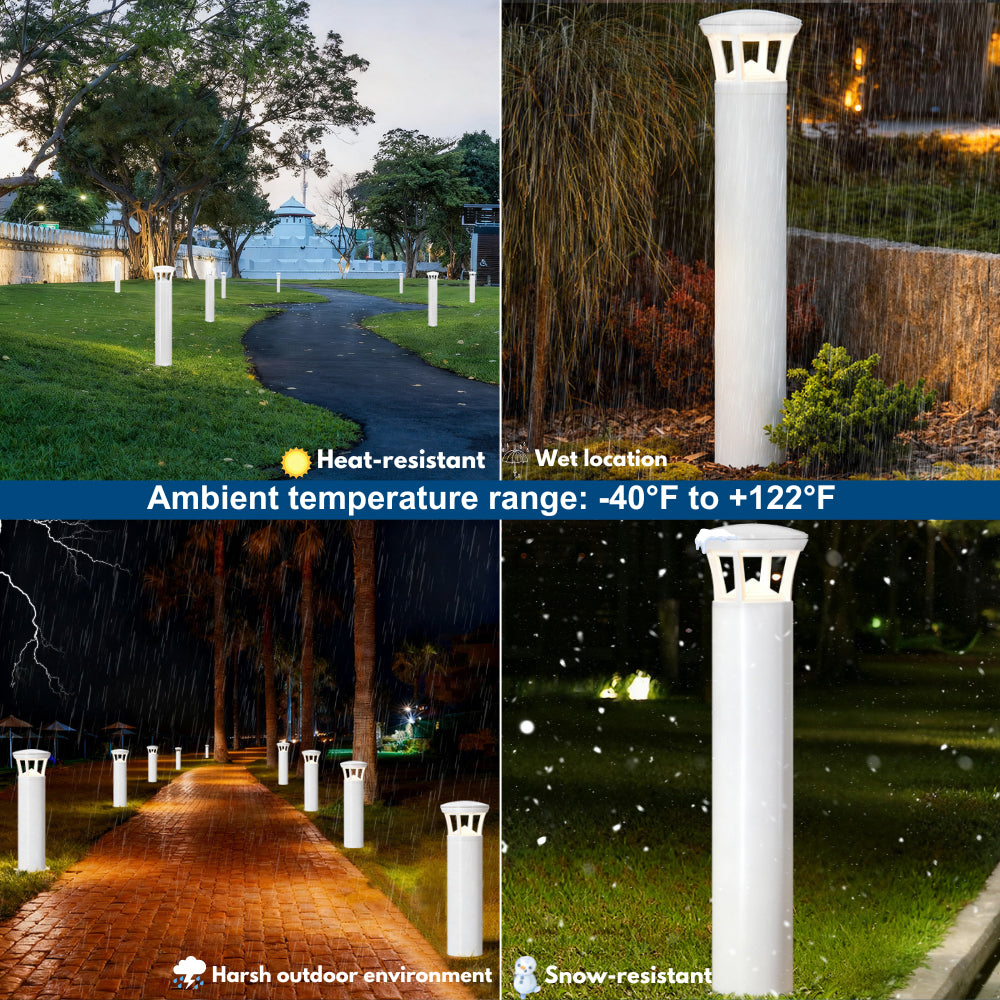 Collage of outdoor led bollard lights in various weather conditions
