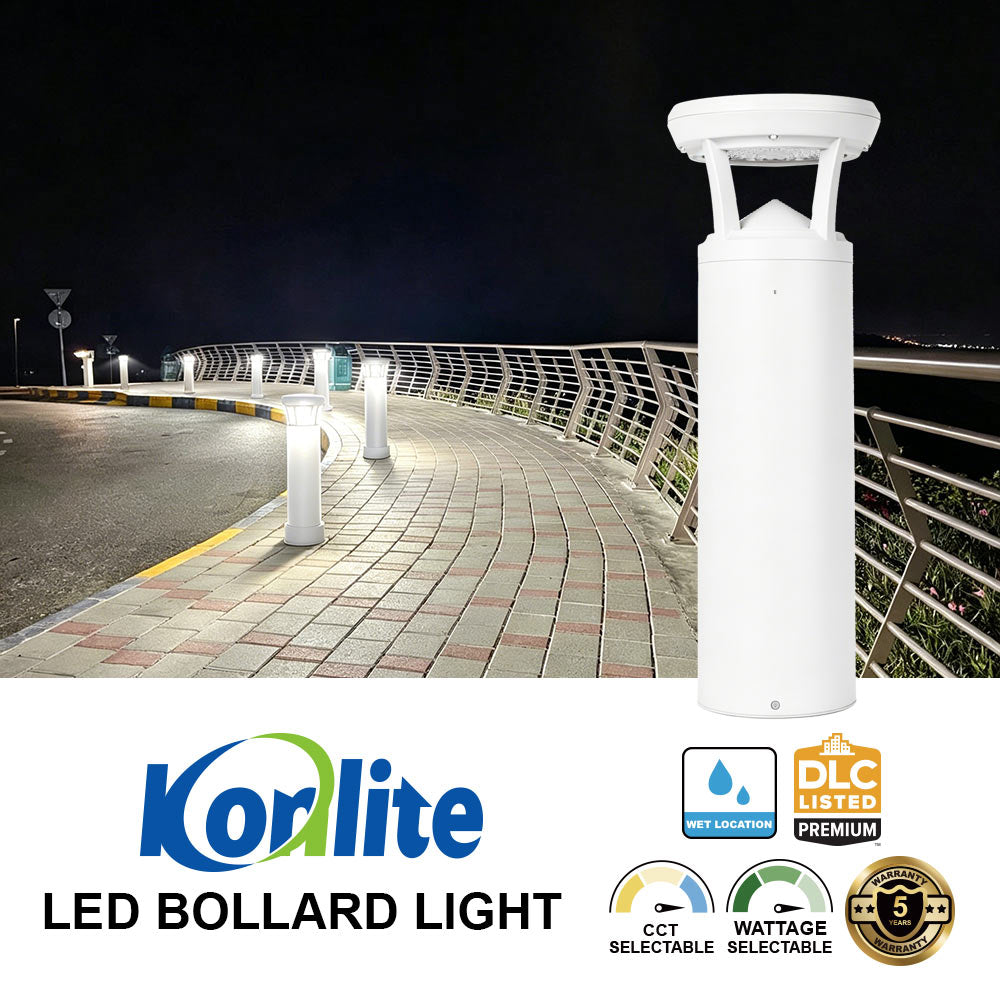 LED bollard light on a pathway with greenery at night, featuring Konlite branding and product features.
