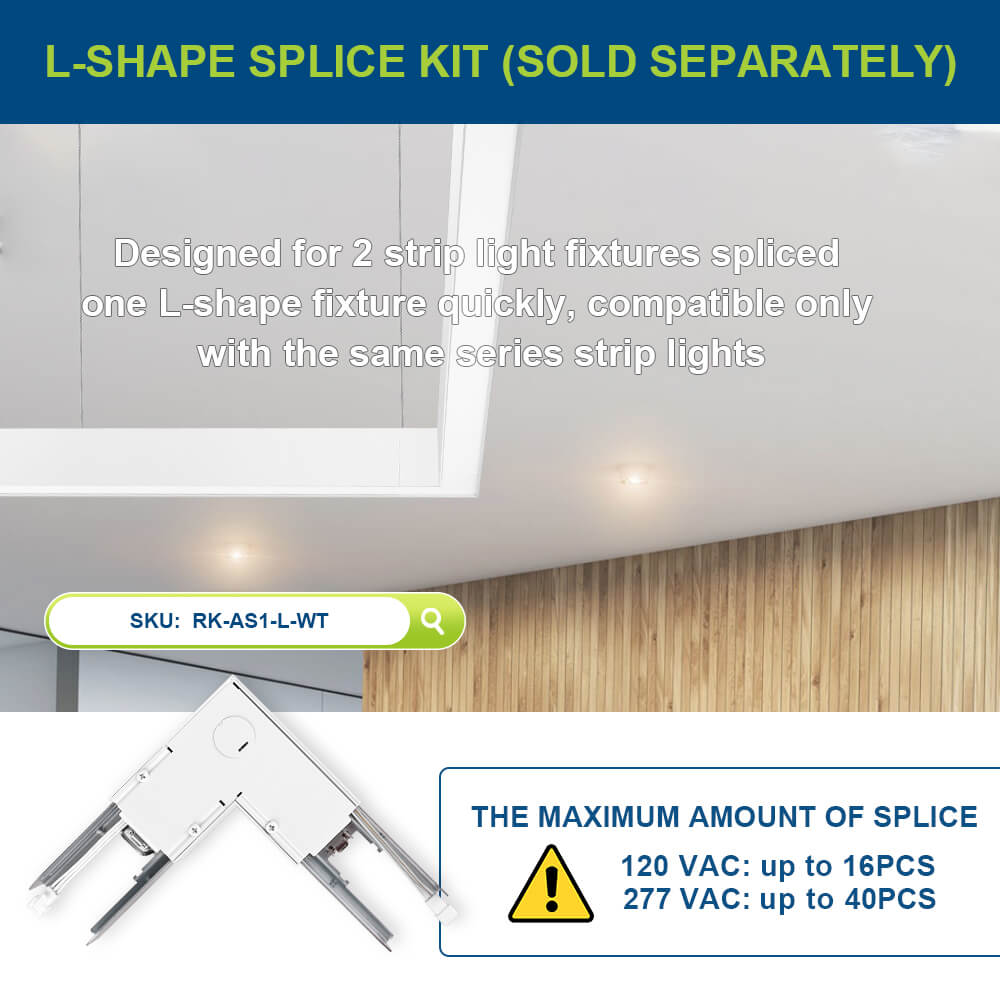 L-shaped splice kit for strip light fixtures with product details and compatibility information.