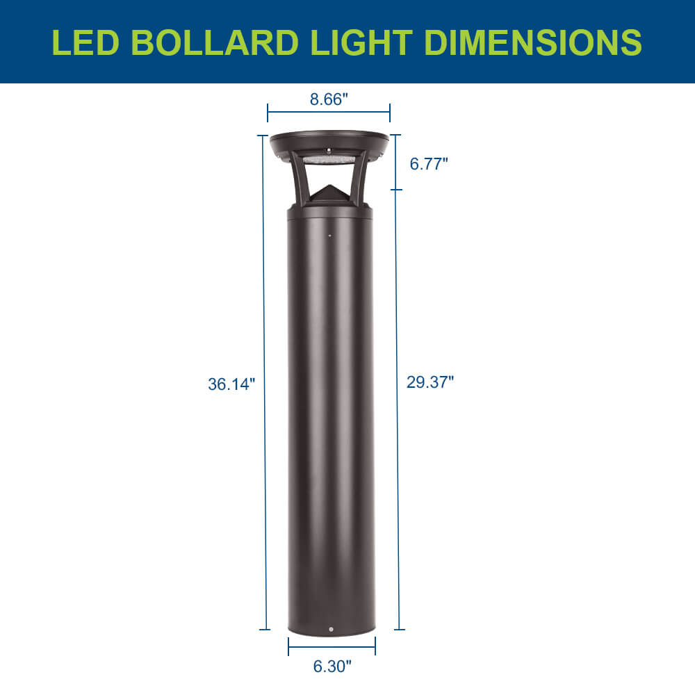 LED bollard light with dimensions labeled on a white background
