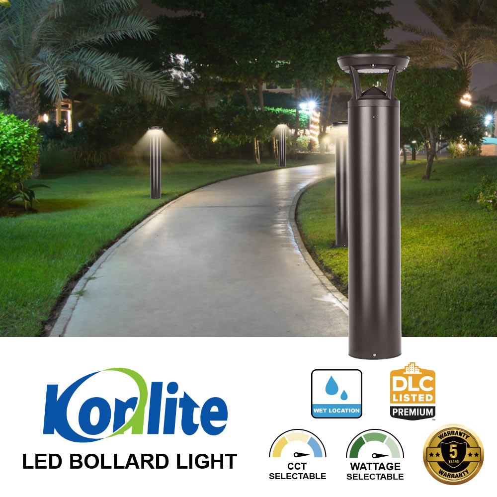 Koralite LED bollard light on a pathway with greenery at night, featuring the brand logo and product features.