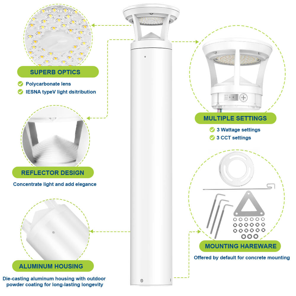 White LED Bollard light fixture with features highlighted on a white background