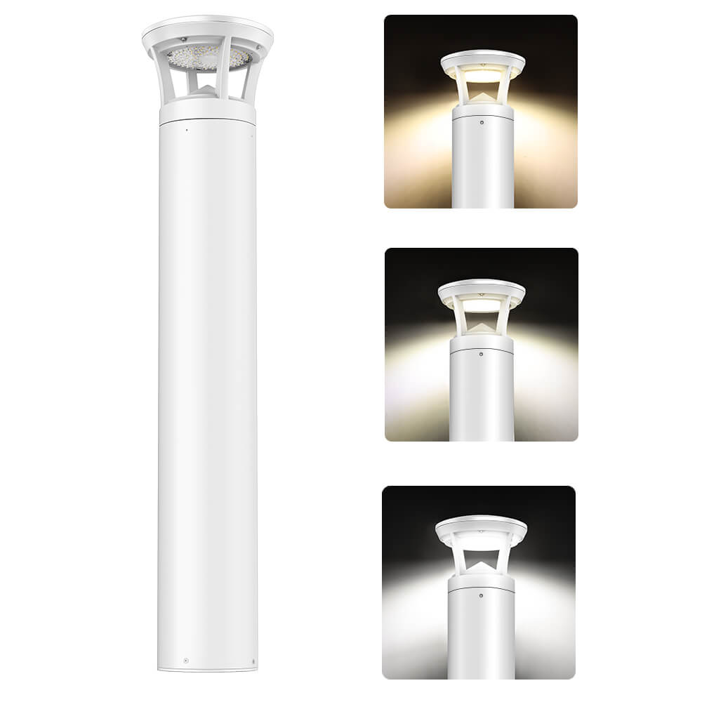 White cylindrical outdoor light fixture with close-up insets showing light output.