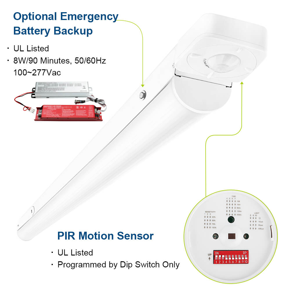Emergency battery and motion sensor  for LED strip light fixture