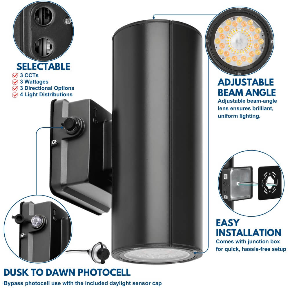 Details of Konlite LED Cylinder Up and Down Wall Light fixture, Black 20W LED Wall Sconce