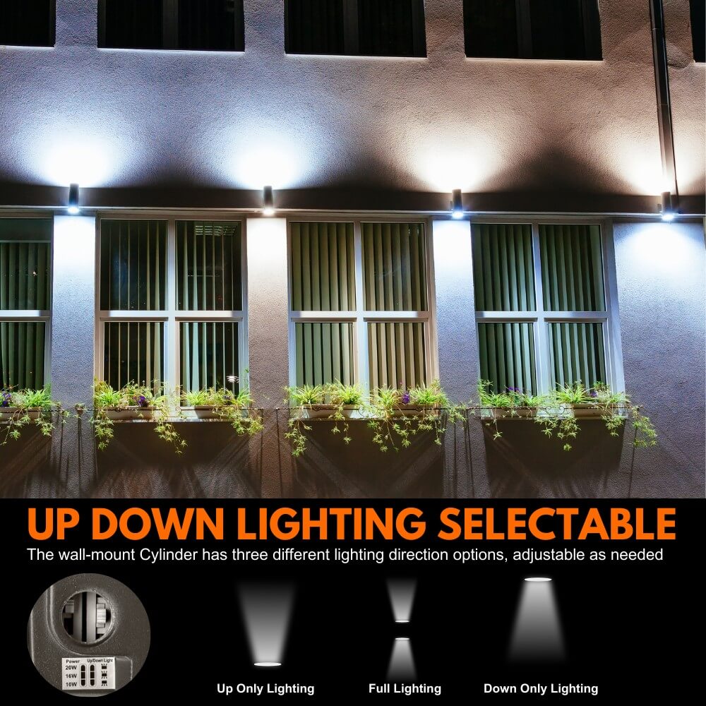 Up and Down selections of Konlite LED Cylinder Up and Down Wall Light fixture