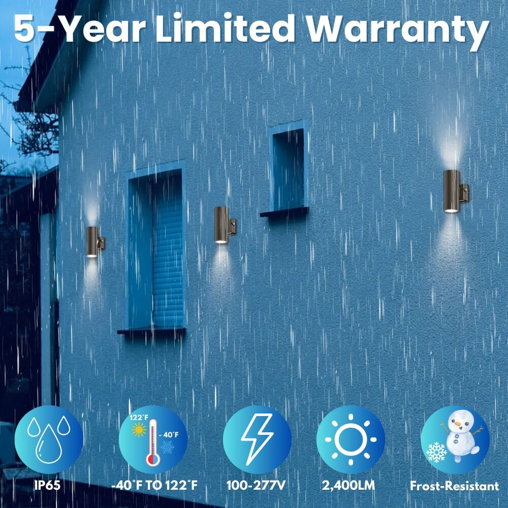 Outdoor lights on a blue wall with rain, 5-year limited warranty text, and feature icons.
