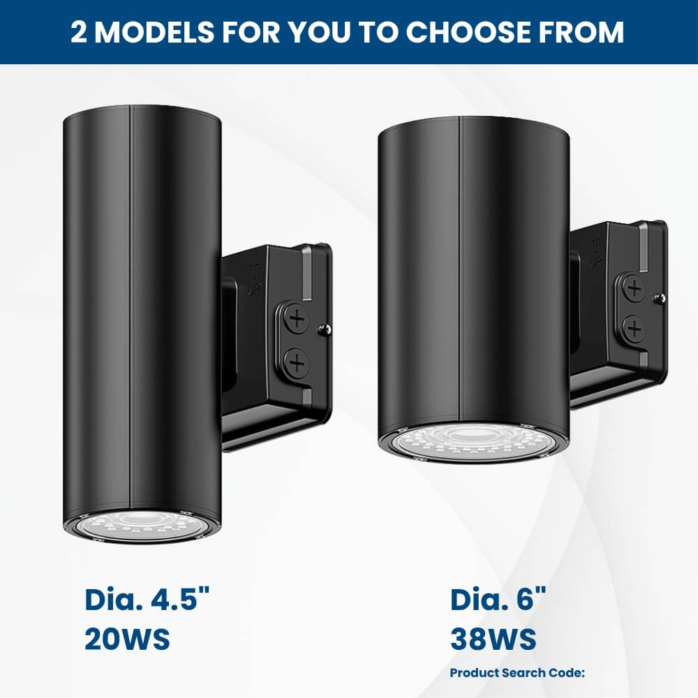 2 models of Konlite LED Cylinder Up and Down Wall Light fixture