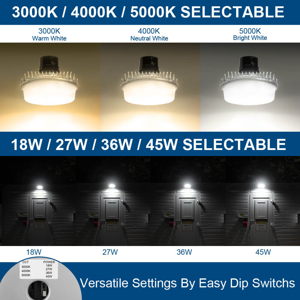 LED dusk to Dawn Lights with color temperature and wattage options displayed.