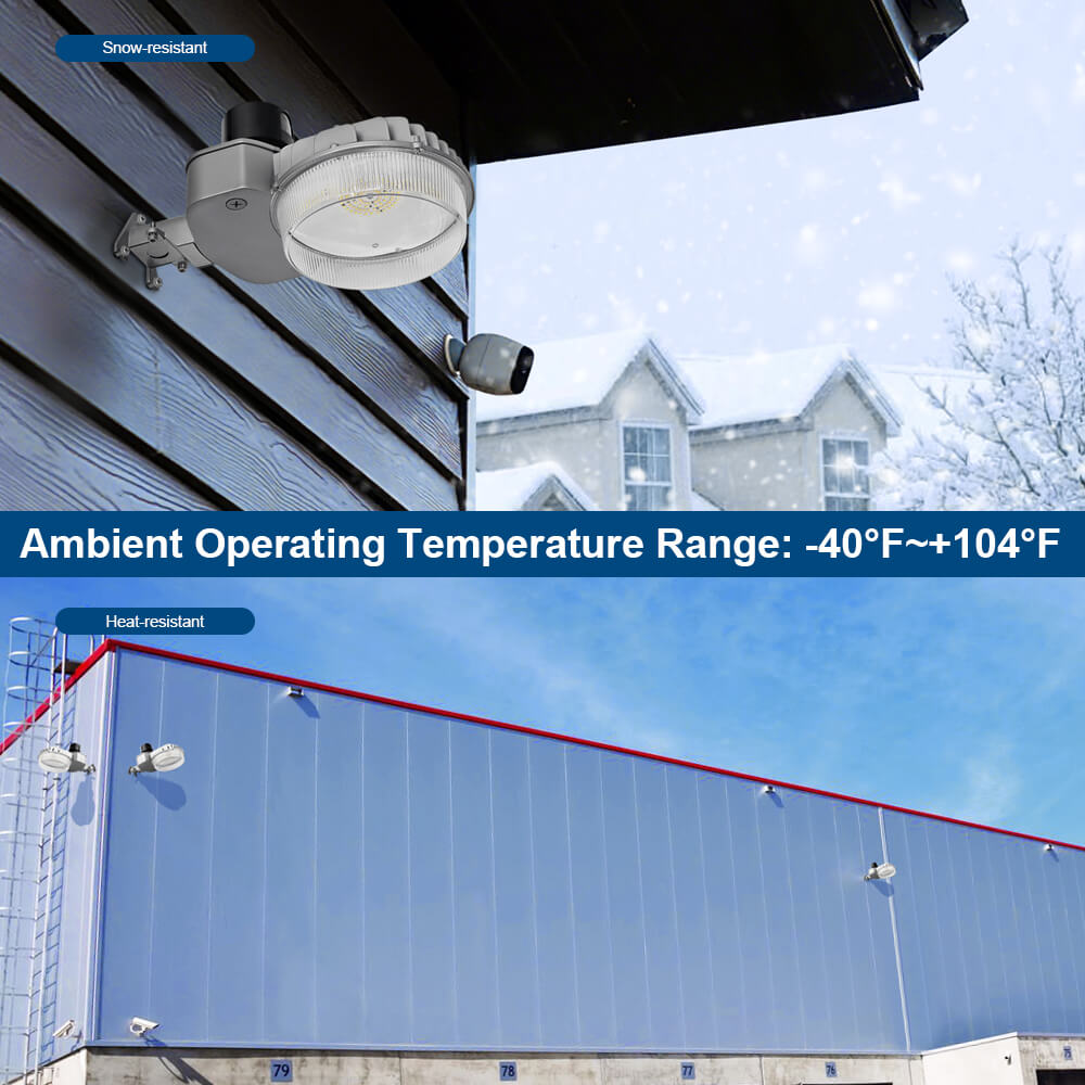 led barn light with a black dusk to dawn photocell with snow and heat-resistant text on a snowy landscape.