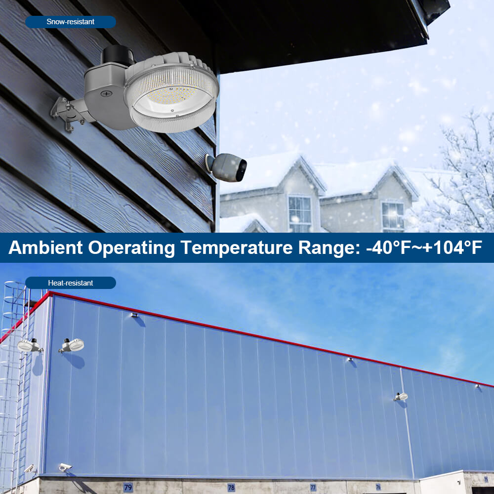 led barn light with a black dusk to dawn photocell with snow and heat-resistant text on a snowy landscape.