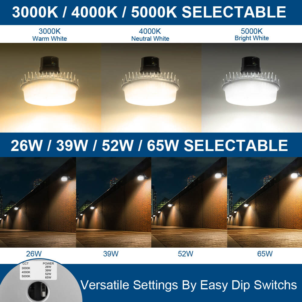 LED light fixture with color temperature and wattage options displayed.