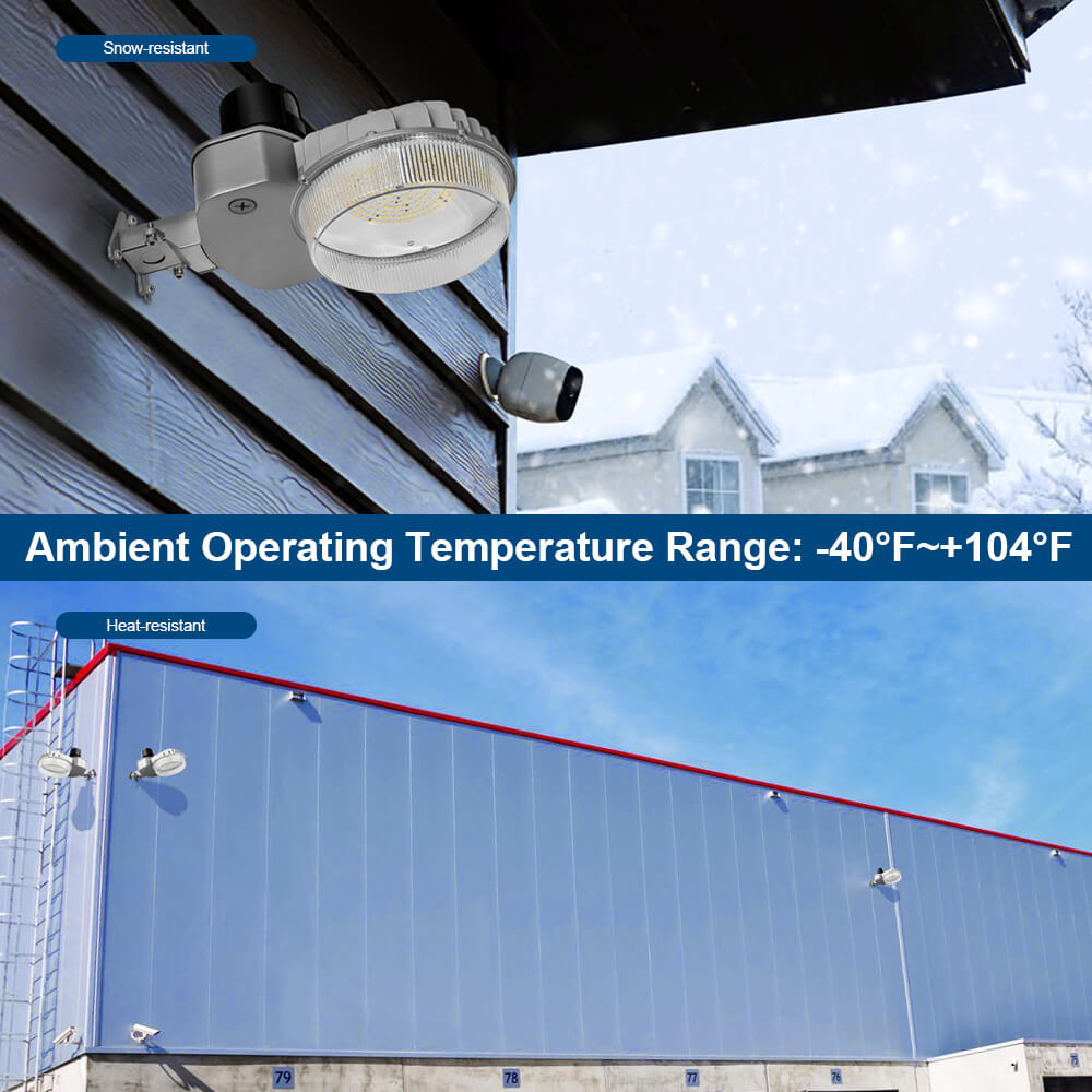 led barn light with a black dusk to dawn photocell with snow and heat-resistant text on a snowy landscape.