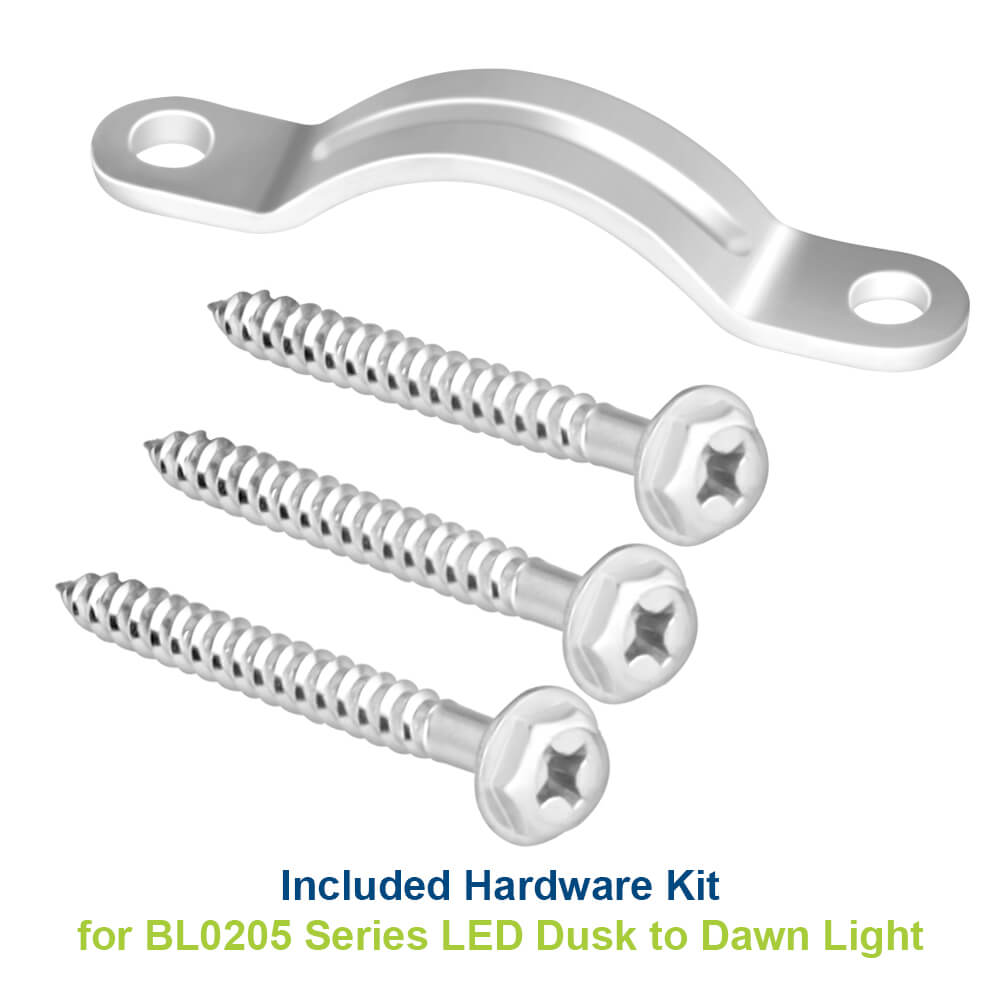 Included hardware kit for BL0205 Series LED Dusk to Dawn Light on a white background