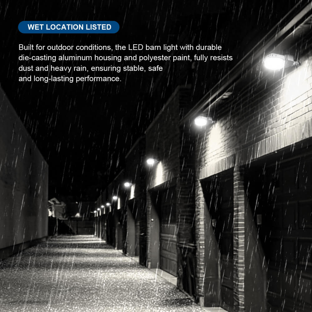 led dusk to dawn lights on a rainy night