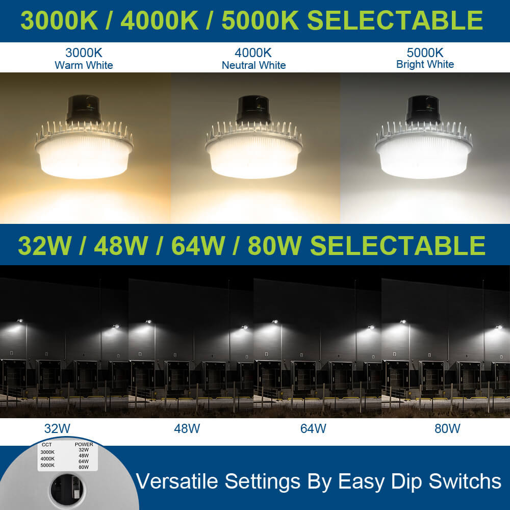 LED light fixture with color temperature and wattage options displayed.