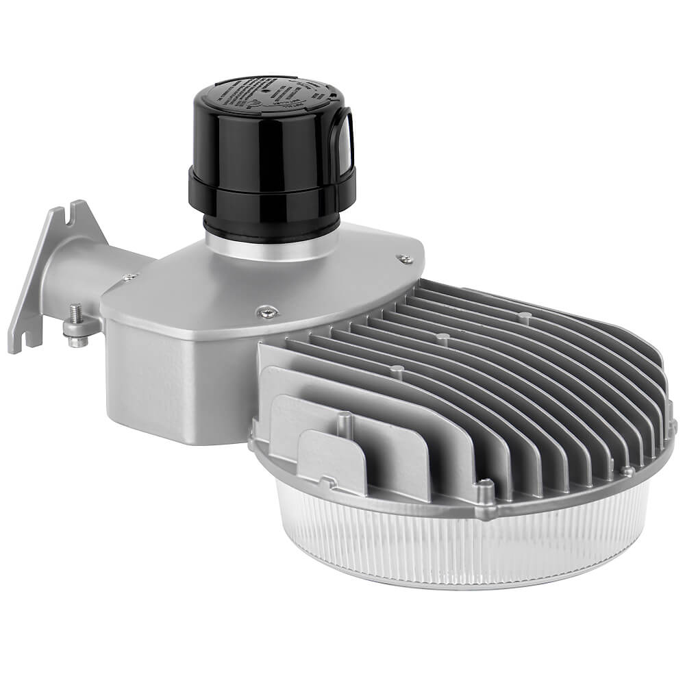 Back view of a led barn light with a black dusk to dawn photocell