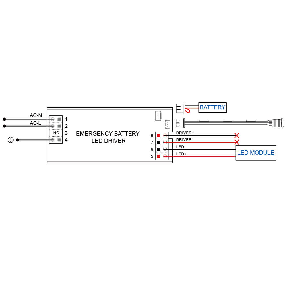 Wiring diagram for an emergency battery LED driver system with labeled components.