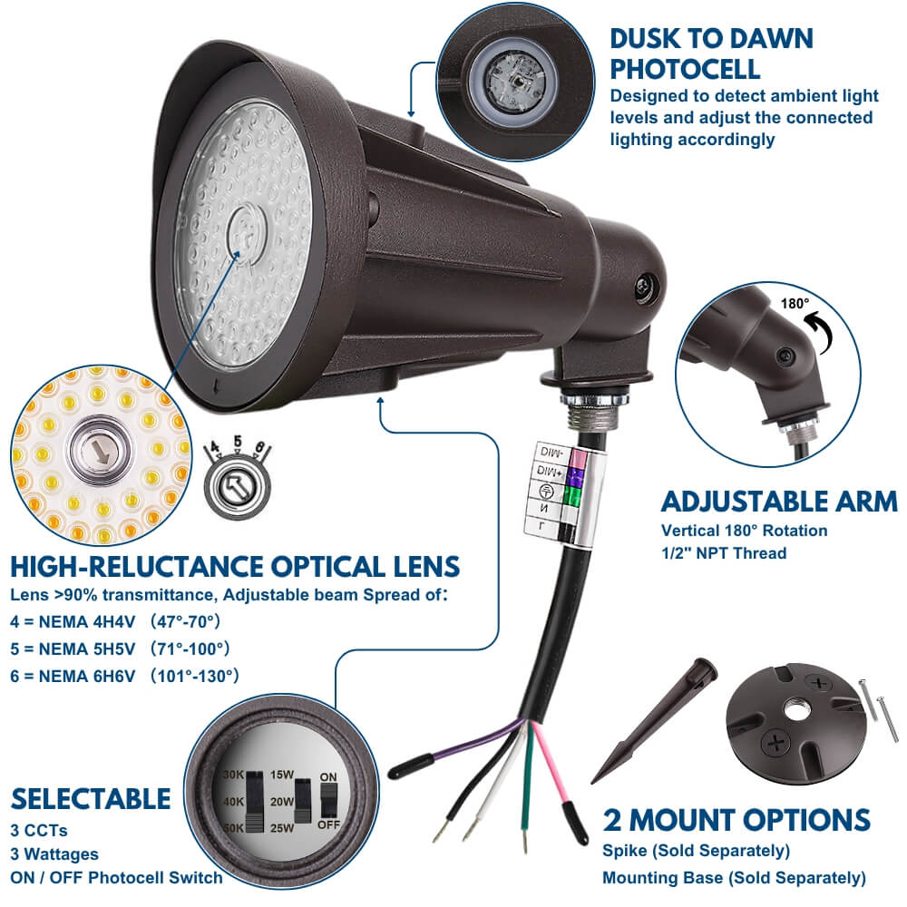 25W Outdoor security light with adjustable arm and photocell feature, detailed specifications