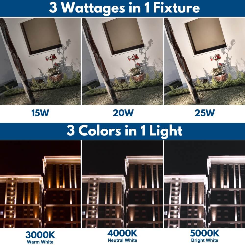 Comparison of light fixture wattage and color temperature on a building facade.