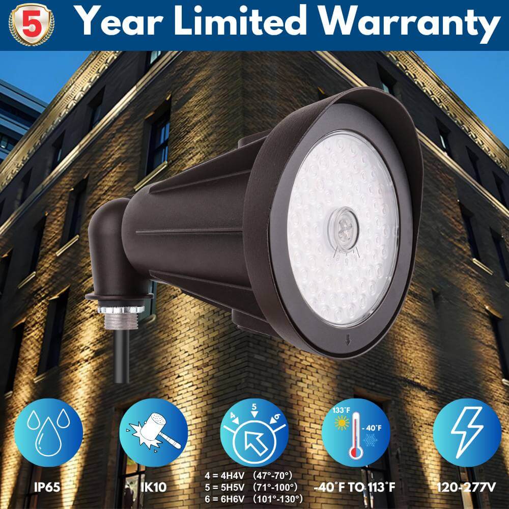 Konlite Outdoor light fixture with building background and warranty information.